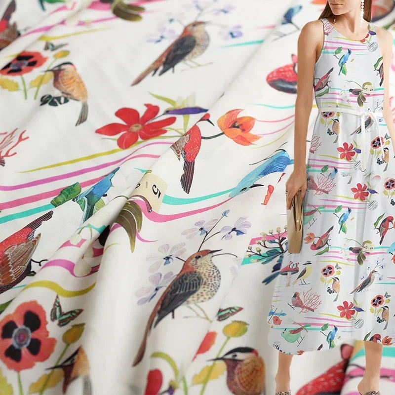 Redraspberry 16momme birds printed fancy crepe georgette 100% silk summer dress shirt DIY clothes sewing fabrics Freeshipping