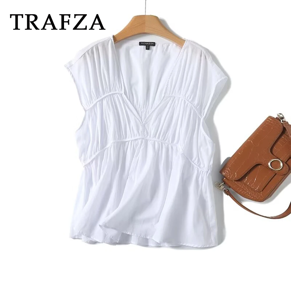 TRAFZA 2024 Summer Women French Minimalism Solid Shirts V-Neck Folds Sleeveless Shirt Casual Women Pullover Elegant Mujer Tops