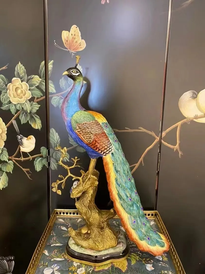 Deluxe Home Furnish Living Room Decor Ceramic&Copper Peacock Shape Home Decor Statue Animal