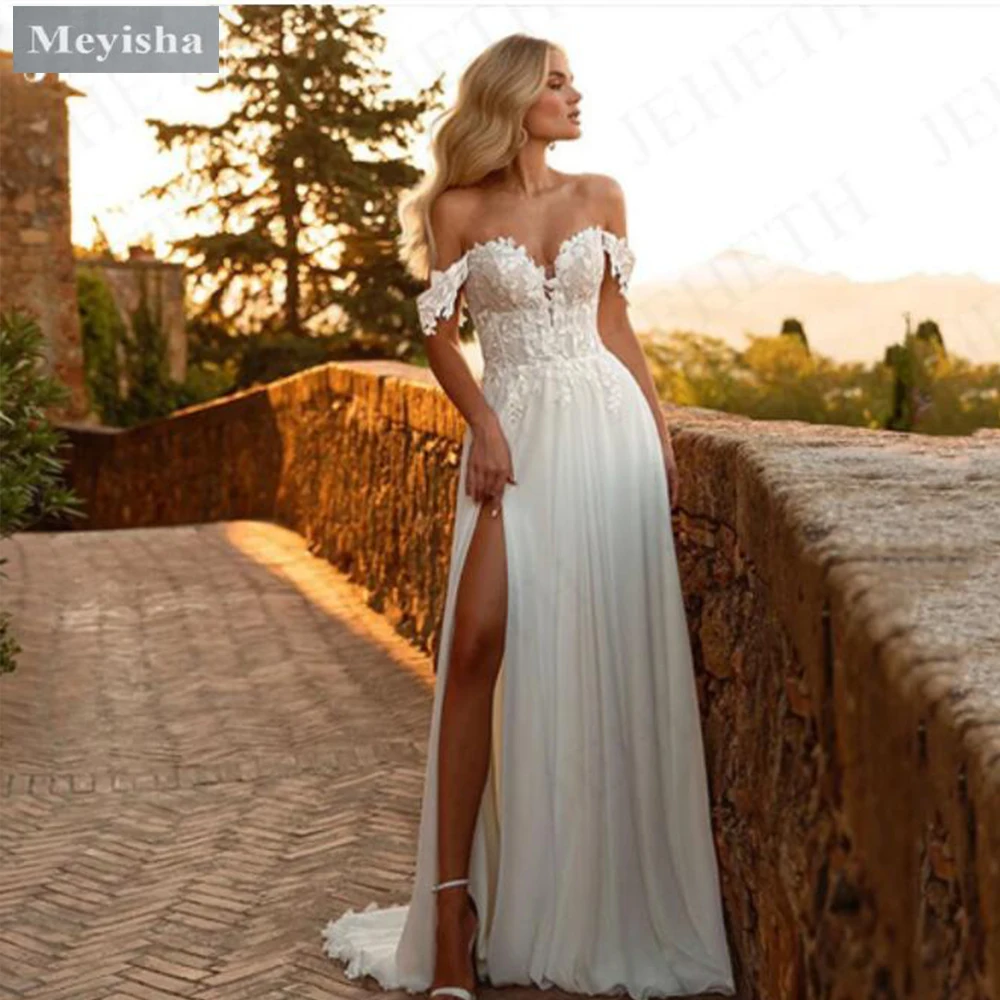 ZJ6029 Customer Made A Line Chiffon Wedding Dress 2024 Corset Sexy Bridal Boho Beach Wedding Gowns Off Shoulder Side Split