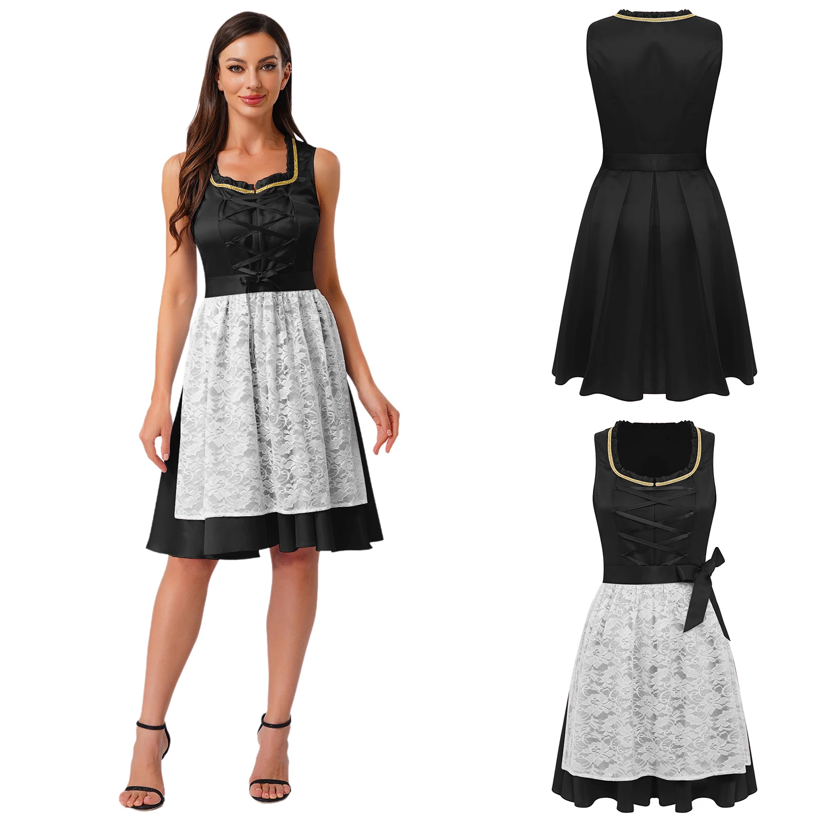 

Adult Women Fancy Shiny A-line Maid Dress Front Lace-up with Lace Apron Maid Dress for Halloween Carnival Maid Cosplay Dress