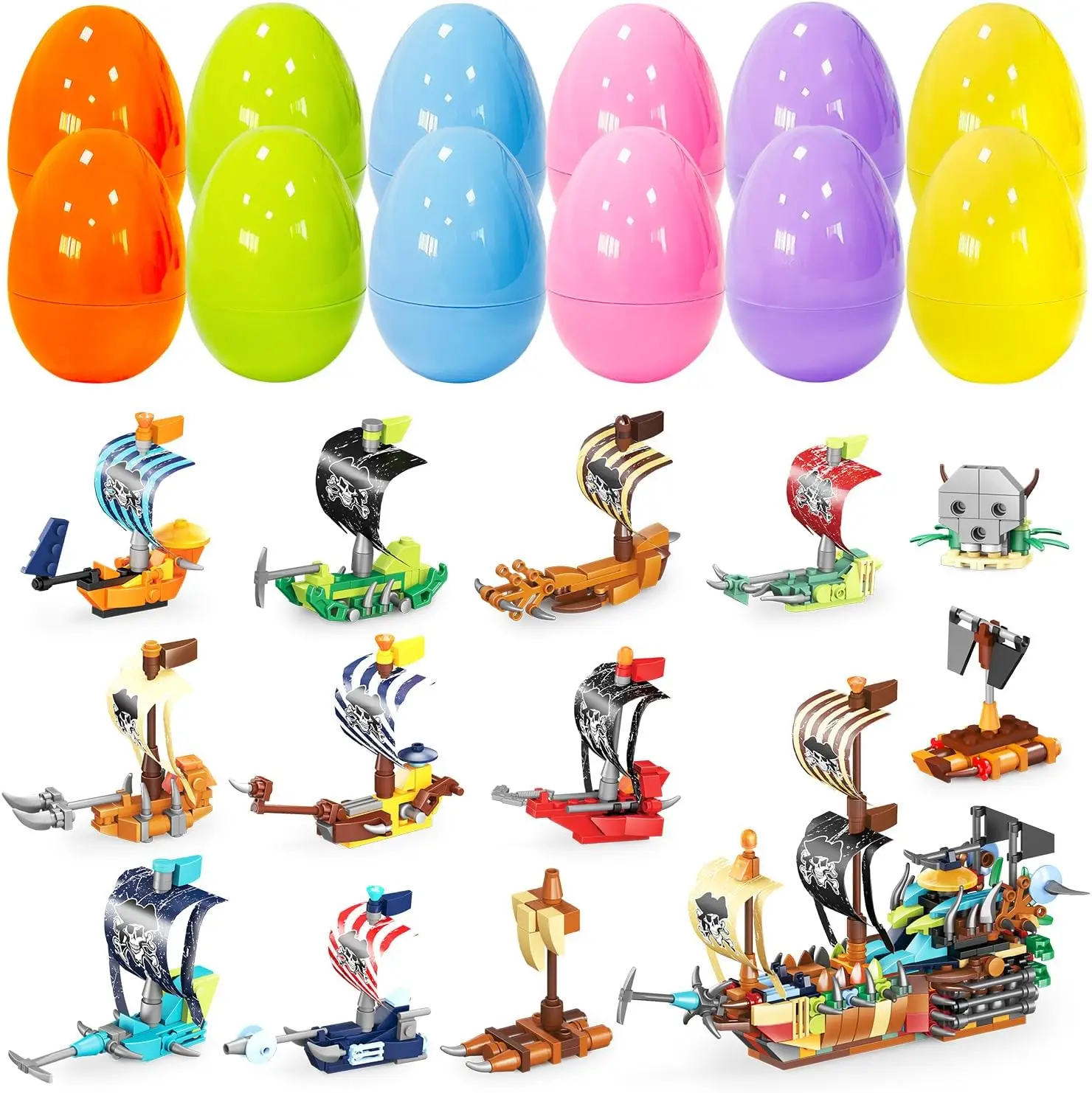 

12 Pack Easter Plastic Eggs with Pirate Ship Building Blocks for Easter Theme Party Favors, Supplies for Easter Egg Hunt, Basket