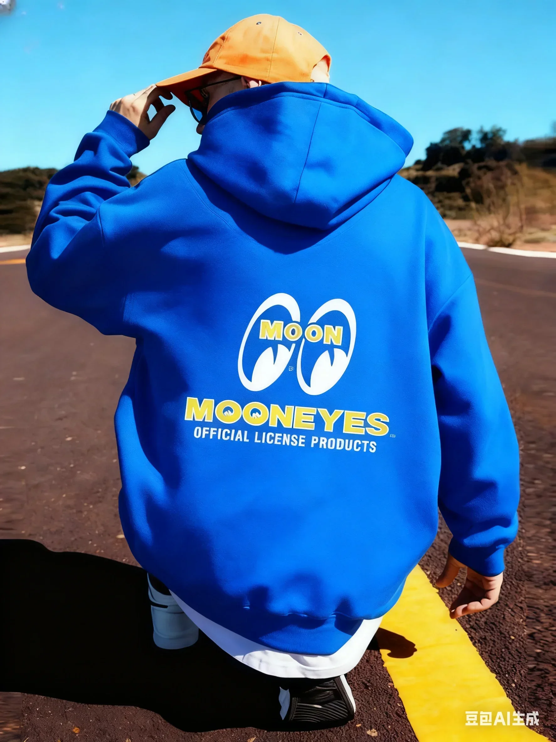 Modelo com o logotipo "MOON EYES" - camiseta esportiva masculina preta - boné de hip-hop para atividades ao ar livre, top de manga comprida masculino 
