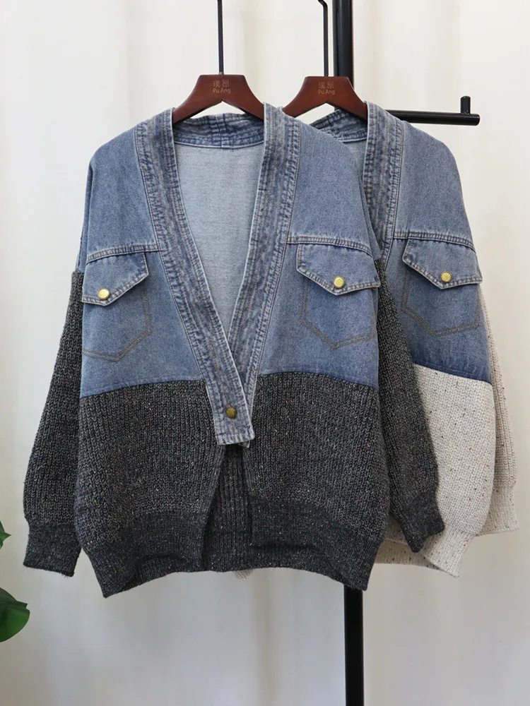 Denim Stitching Cardigan Jacket Autumn Winter New Korean Casual V-Neck Loose Pocket Design Knitwear Oversized Sweater Coat