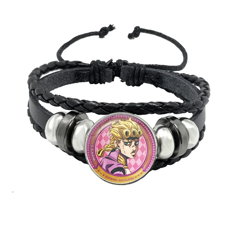 Fashion JoJos Bizarre Adventure Bracelet Kujou Jotarou Hot Anime Figures Glass Button Badge Multilayer Leather Bracelets Gift