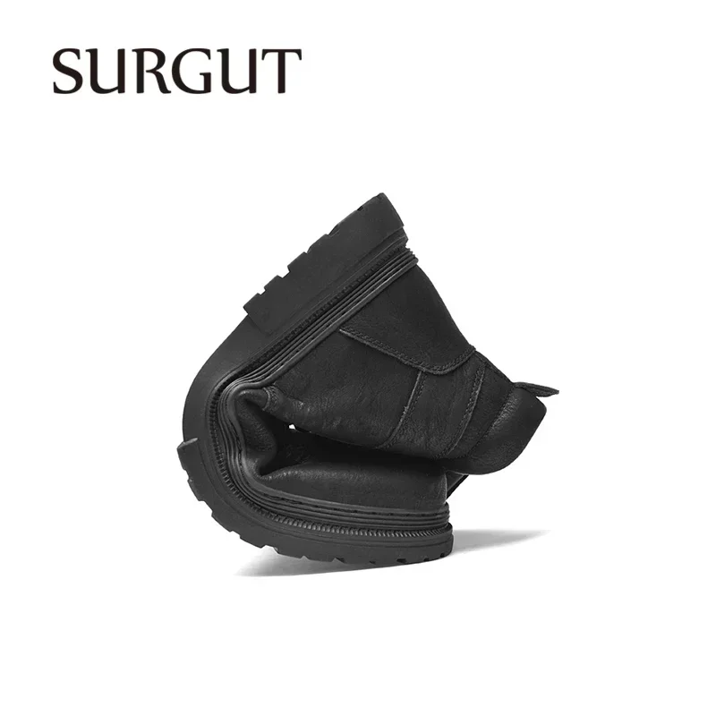 SURGUT Fashion Warm Winter Men Leather Shoes Rubber Waterproof Ankle Boot Outdoor Comfortable Work Fur Snow Boots For Men image 5