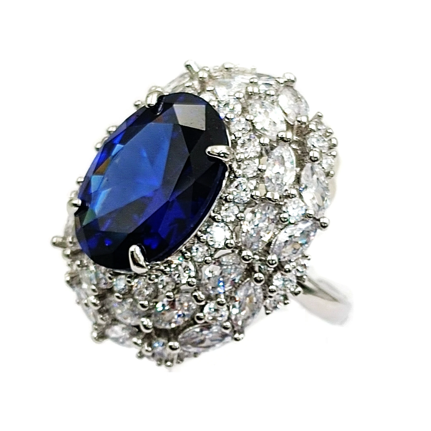 

Gorgeous Blue Oval Cubic Zirconia Cocktail Rings with Double Sunburst Halo Adjustable Jewelry for Graduation Concert Anniversary