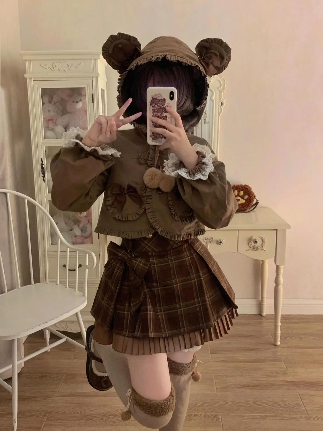 

Japan New Autumn Style Cute And Sweet Bow Hooded Design Short Coat Waist Slimming Plaid Skirt Two-Piece Set