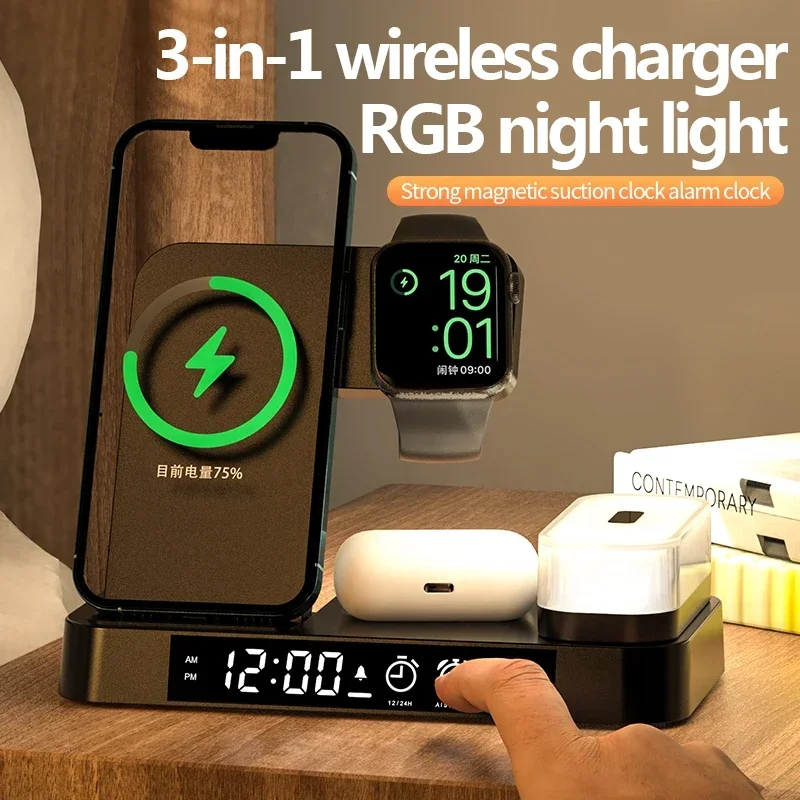 

Wireless Charger 5 in 1 30W Charging Station Alarm Clock Night Light for iPhone 14 13 12 11 XR XS 8 iWatch 8 7 6 SE AirPods Pro