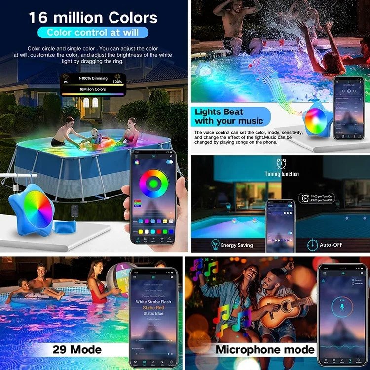 Luzes de piscina LED magnético portátil, acima do solo, controle do sistema de música, RGB, IP68, Dc12V, 20W