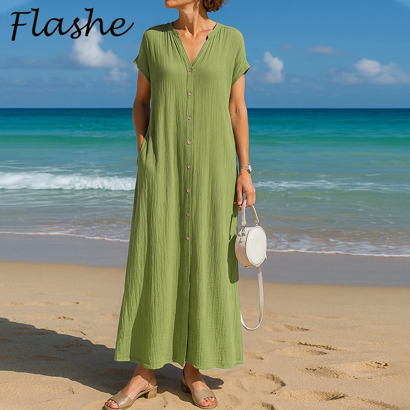 

Summer Beach Holiday Dresses For Women Casual V Neck Short Sleeve Button Shirt Dress Women Loose Long Dress Boho