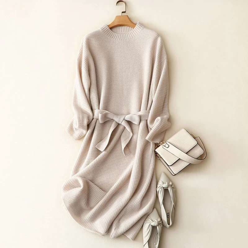 masigoch winter new chic waffle knitwear luxury thick knit 100% cashmere elegant sweater dresses crewneck