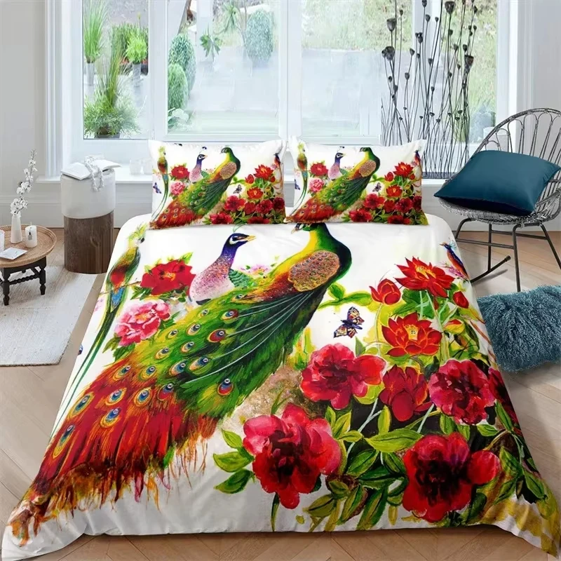 Kids Peacock Duvet Cover Set Twin Queen Birds Feather Pattern Quilt Cover Branch Flowers Bedding Set Microfiber Bedspreads Cover