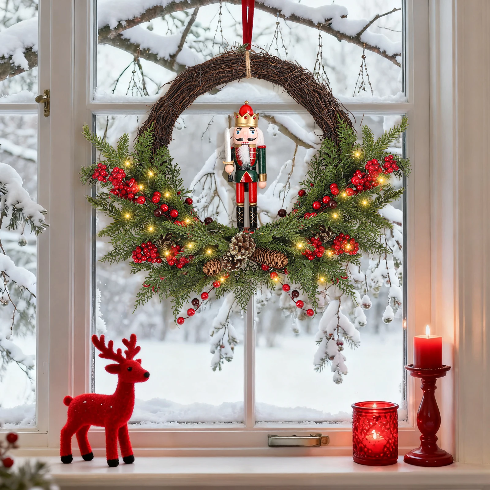 

Battery Operated Christmas Wreath with 30 LEDs 24 Inch Nutcracker and Berry Design for Front Door, Wall, Window Indoor & Outdo