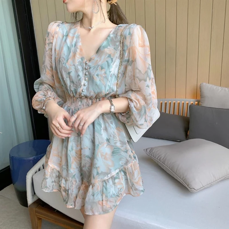 

Spring and Autumn Light Mature Style Retro V-neck Floral Jumpsuit Waist Slimming Chiffon Jumpsuit
