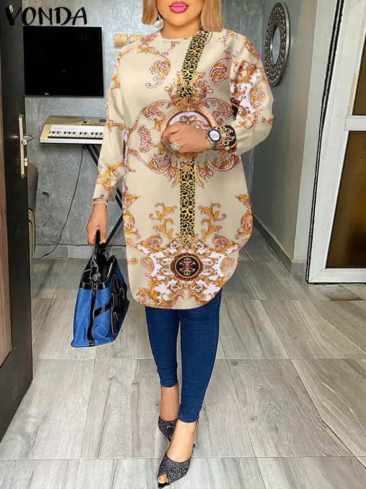 Plus Size 5XL VONDA Bohemian Blouses Women Long Shirt Long Sleeve Printed Vintage Tops Tunic Fashion Casual Blusas Femininas