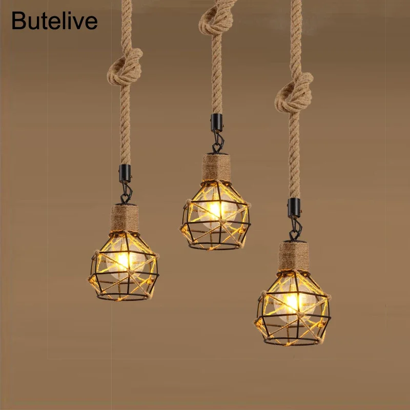 

Hemp Rope Pendant Lights Iron Vintage Industrial Pendant Lamps Loft Retro Handmade Hanging Lamps Cafe Bar Kitchen E27 Led Lights