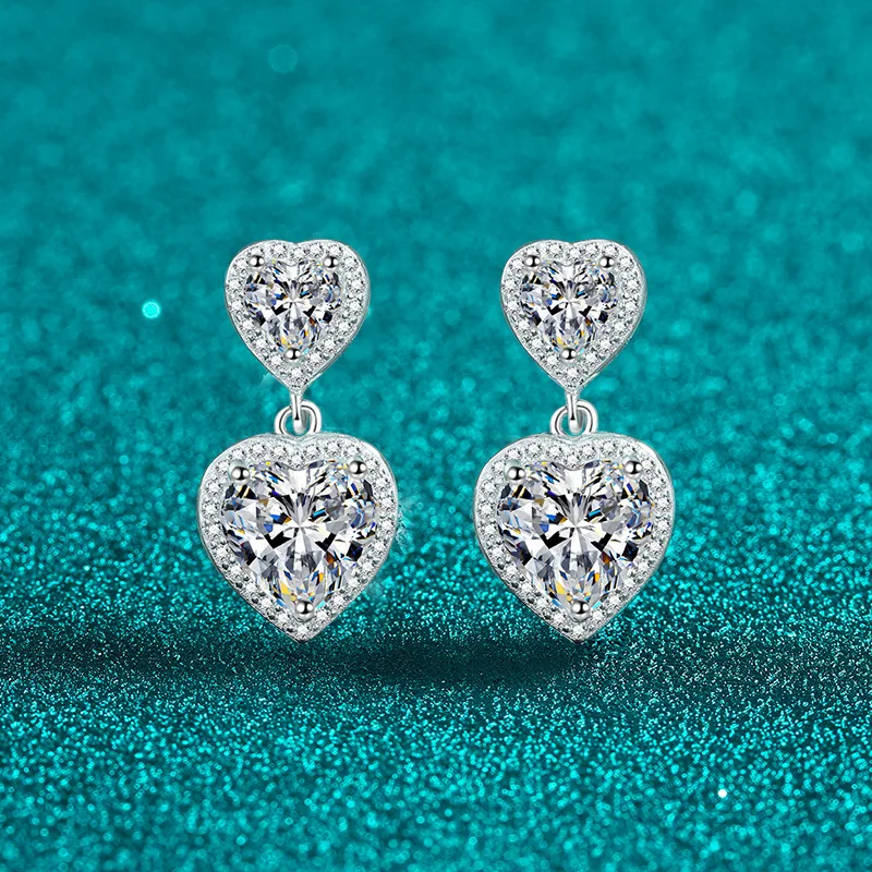 Exquisite Platinum PT950 Ultra-luxurious 5-carat Moissanite Double Heart Earrings, Sweet and Cute Diamond-studded Tassel Earring