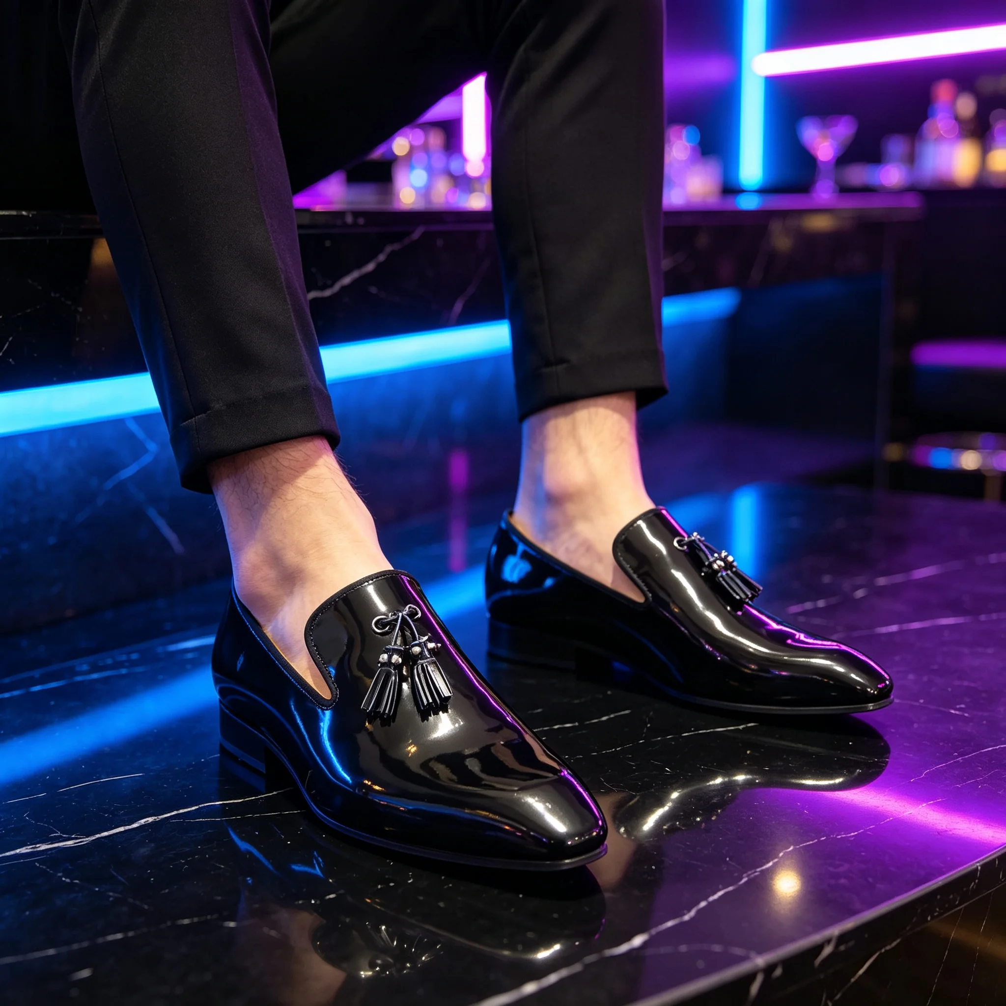 Men Fashion Patent Leather Smoking Loafers Black Metal Tassel Pointed Toe Slip On Dress Shoes Nightclub Banquet Party