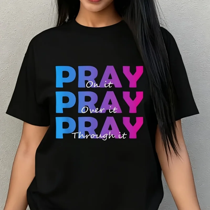 Christian Faith Pray on It Pray over It Pray through It Women's Plus Size T-Shirt 100% Cotton 220g