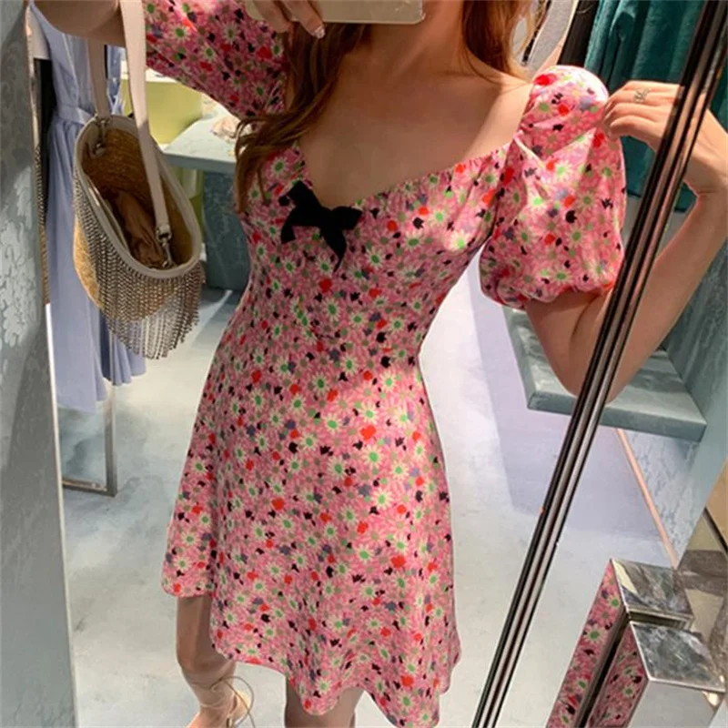 New printed v-neck floral dress female daisy pink retro puff sleeves women dress