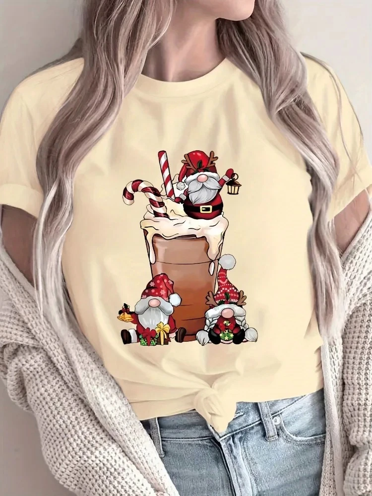 Camiseta de Manga Corta con Estampado Navideño de Gnomo y Papá Noel para Mujer, Cuello Redondo Informal, Atuendo Festivo, Camiseta con Estampado Divertido