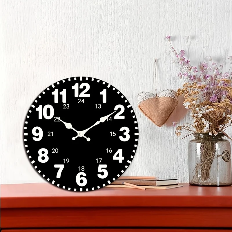 1pc Round Clock, Retro Black And White 24-Hour Clock, Creative Industrial Style Wall Clock, Silent Quartz Round Wooden Clock, Suitable for Bedroom Living Room Office Kitchen Bathroom, Battery Powered (Battery Not Included)