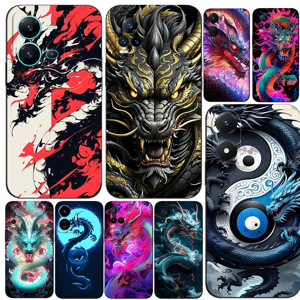 Black Tpu Case For Vivo V5 V5S V7 V9 Youth V11 V11i V15 V17 NEO V20 E V21 V21E V23 V23E PRO 4G 5G Chinese dragons