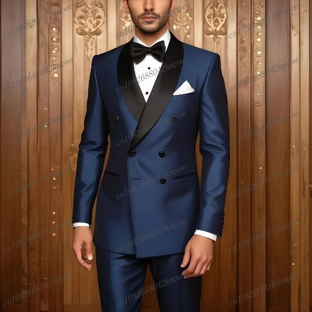 Neue schwarze Kragen Acetat Satin Männer formale Smoking Bräutigam Trauzeuge Hochzeit Party Prom männlichen Anzug 2-teiliges Set Blazer Hosen