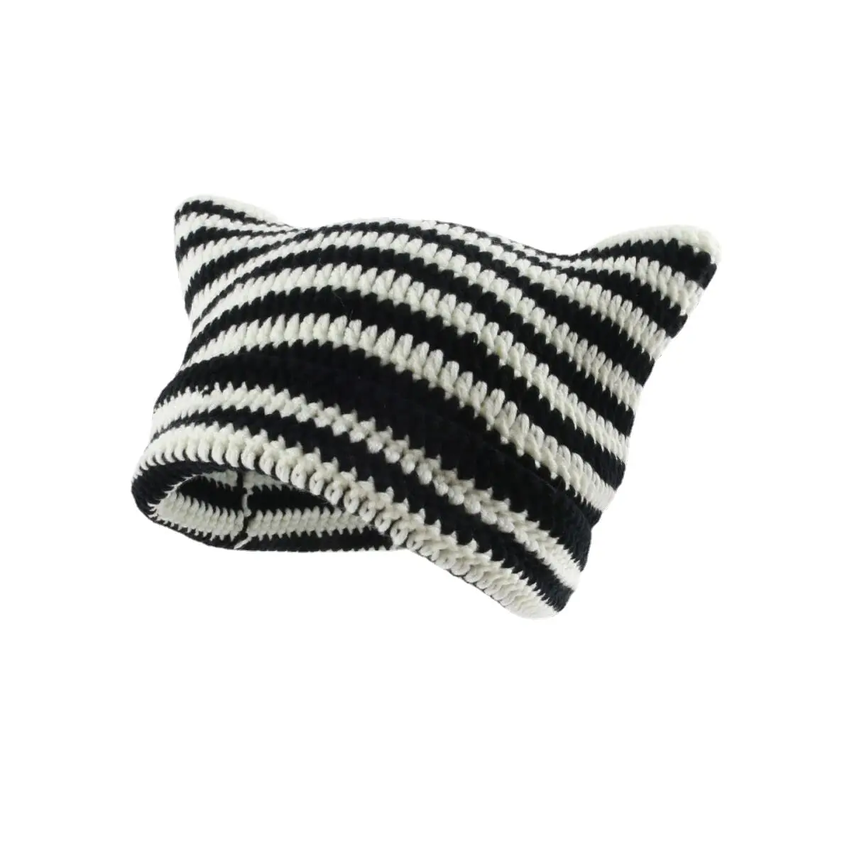 Cute Cat Ears Beanie Hats for Women Winter Striped Korean Punk Gothic Y2K Wool Knitted Streetwear Handmade Crochet Bucket Cap