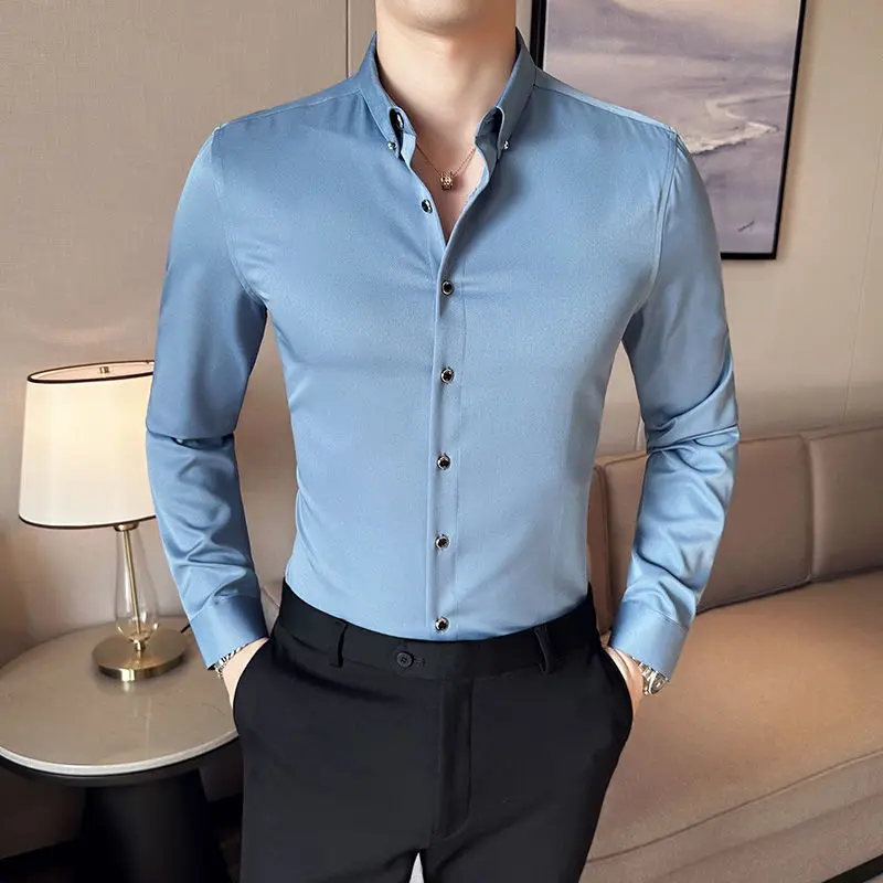 Plus Size 5XL-M Men Shirt Fashion Simple Business Social Casual Shirts Drill Button Cotton Slim Fit Long Sleeve Party Shirts