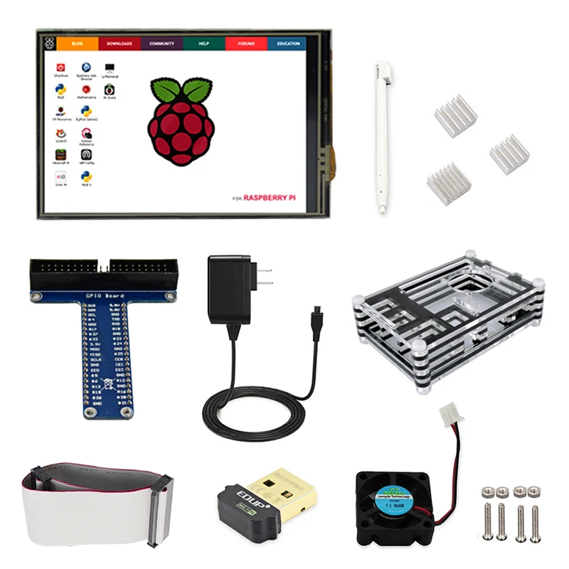 Beginner Kit for Raspberry Pi Model B+/ 2B/3B Cooling Fan Heatsink 3.5'' Touch Screen  Wi-Fi USB Adapter Power Supply 40Pin Cabl