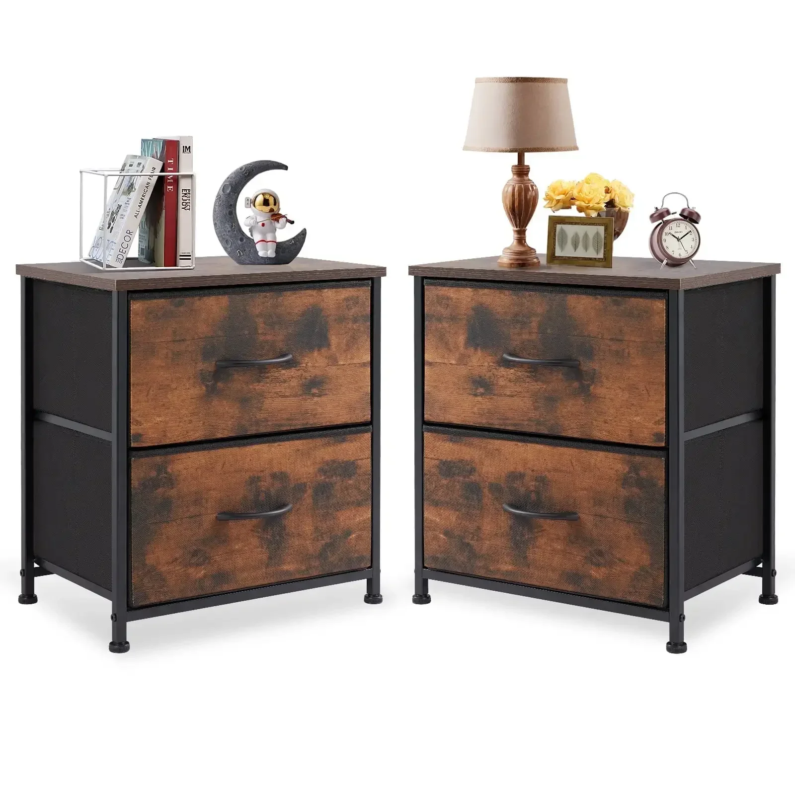 

Nightstand Set of 2, End Table Side Table with 2 Fabric Drawers Bedside Table for Bedroom, Closet, Dorm, Rustic Brown