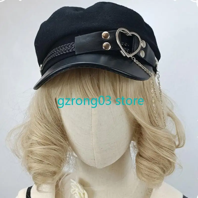 127C popularny damski filcowy ośmiokątny kapelusz z paskiem w kształcie serca Y2K damski kapelusz dziewczęcy gotycki w