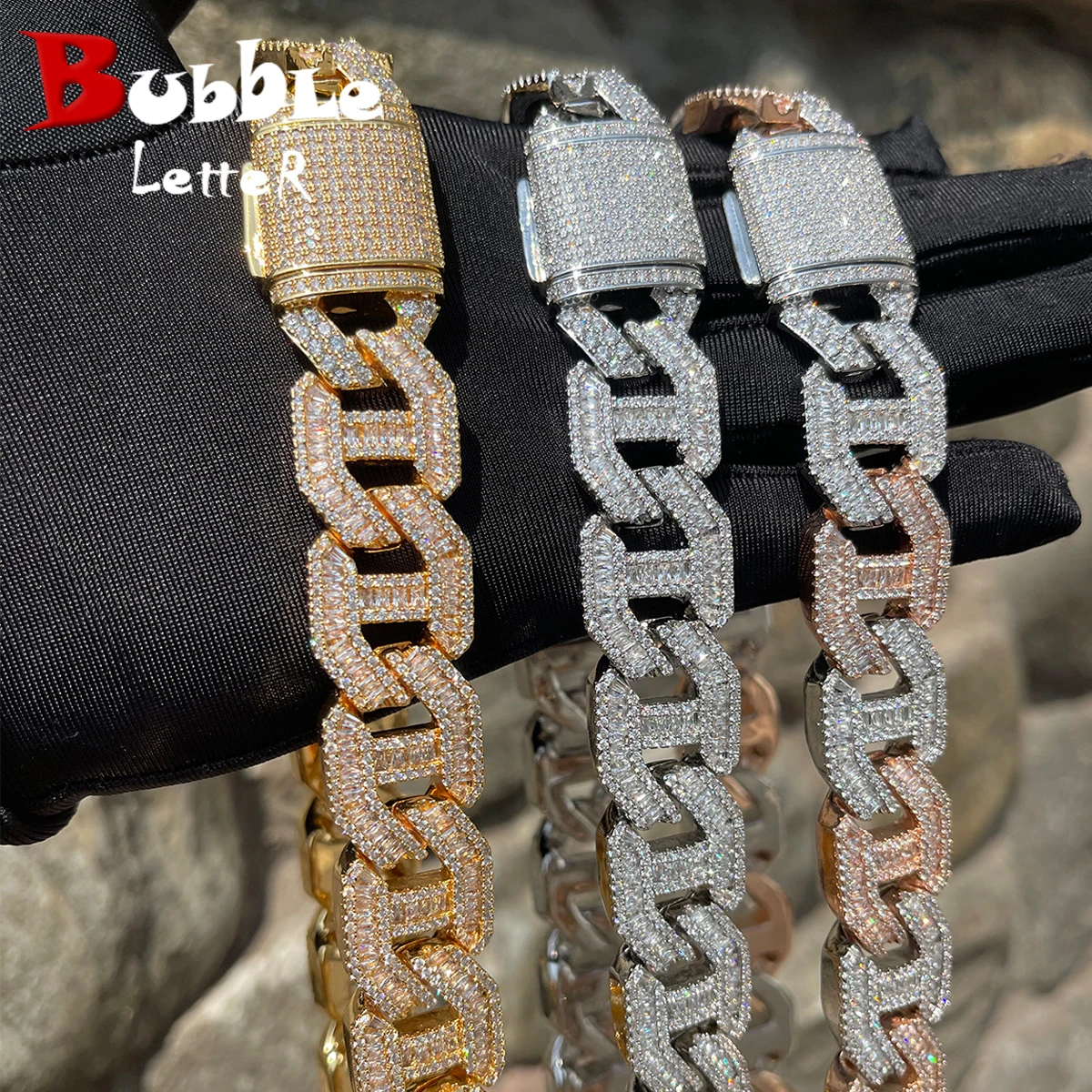 Bubble Letter Cuban Link Chain Baguette Choker Real Gold Plated Hip Hop Jewelry  2022 Fashion Women