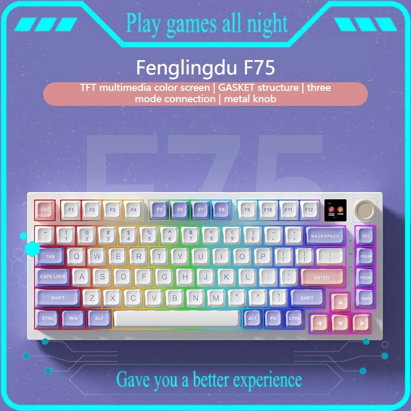 

F75 Three-Mode Gaming Mechanical Keyboard Full-Key Hot-Swap Tft Color Screen Customized Gasket Structure Compatible Windows/Mac