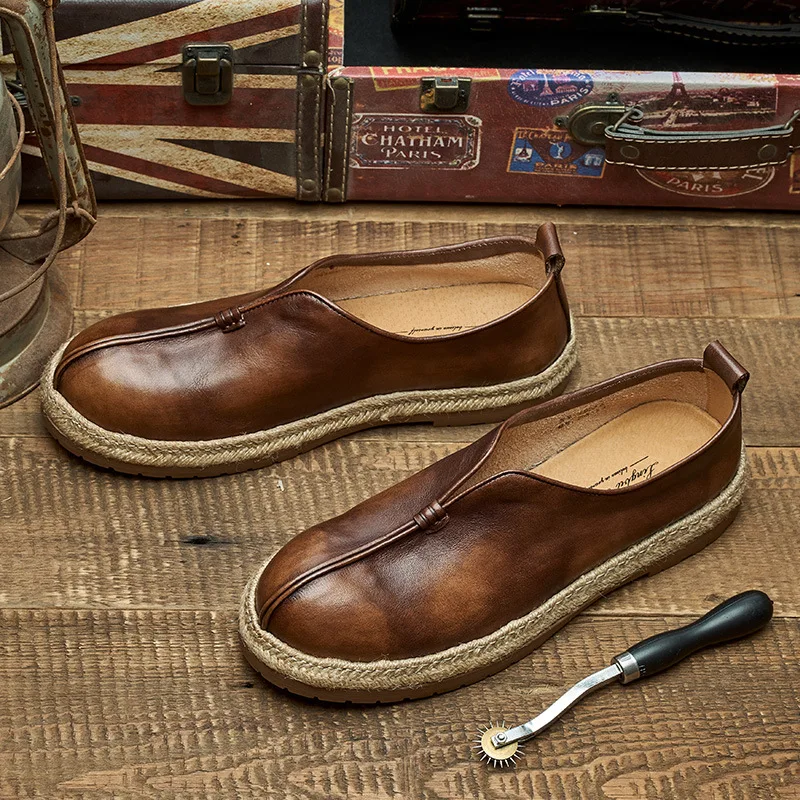 

yetties Men's Handmade Monk Strap Fisherman Loafers, Old Beijing Vintage Slip-On in Top Grain Leather for Summer Casual