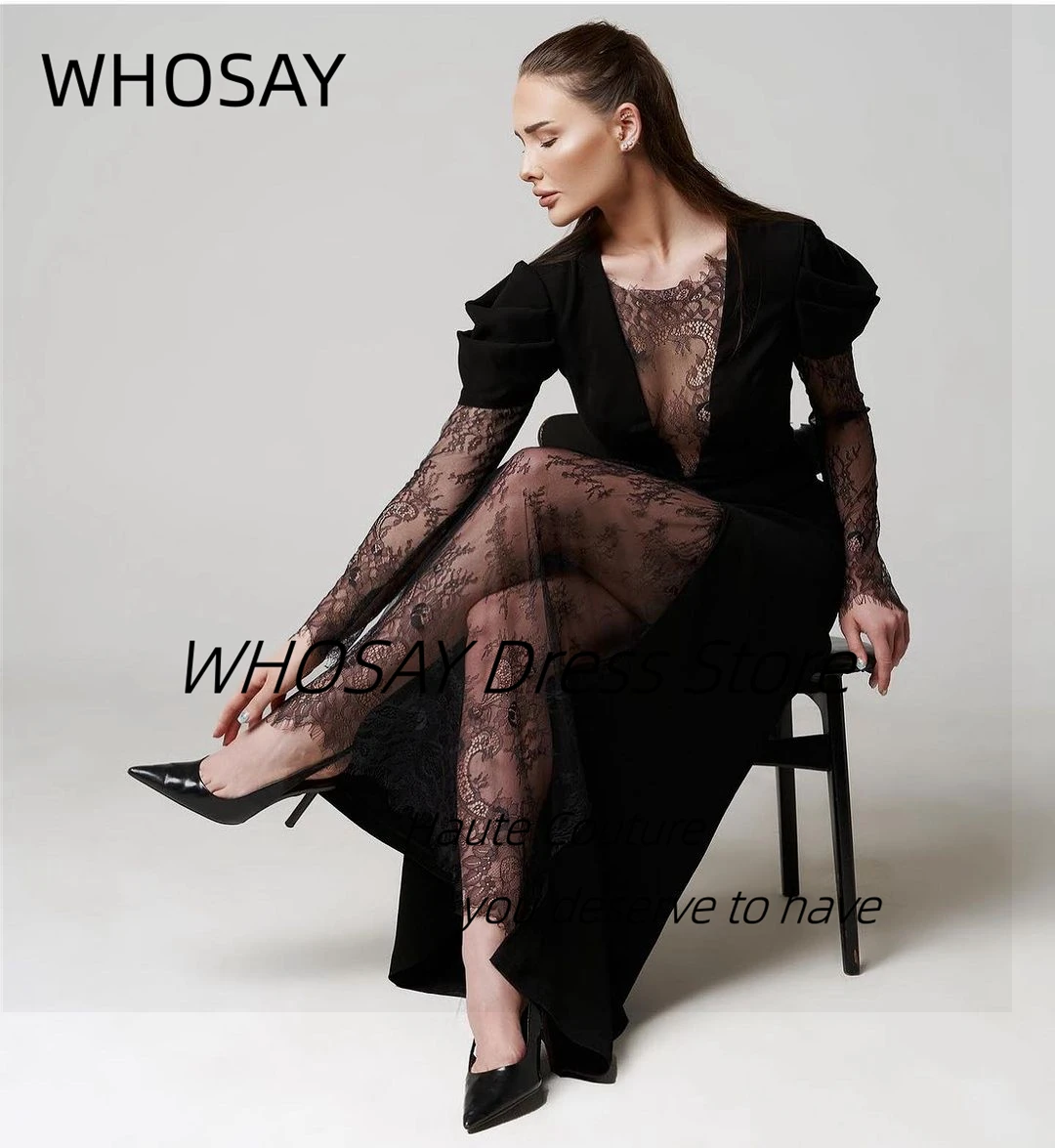 WHOSAY-Robe de Soirée Noire Sexy en Dentelle à Manches sulf, Tenue de Bal avec Fermeture Éclair au Dos pour Invités de Mariage, Nouvelle Collection