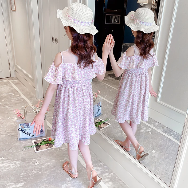 Summer children's dress imitation one-shoulder 2022 new cheap girls holiday cake long skirt spring and autumn baby A-line dress