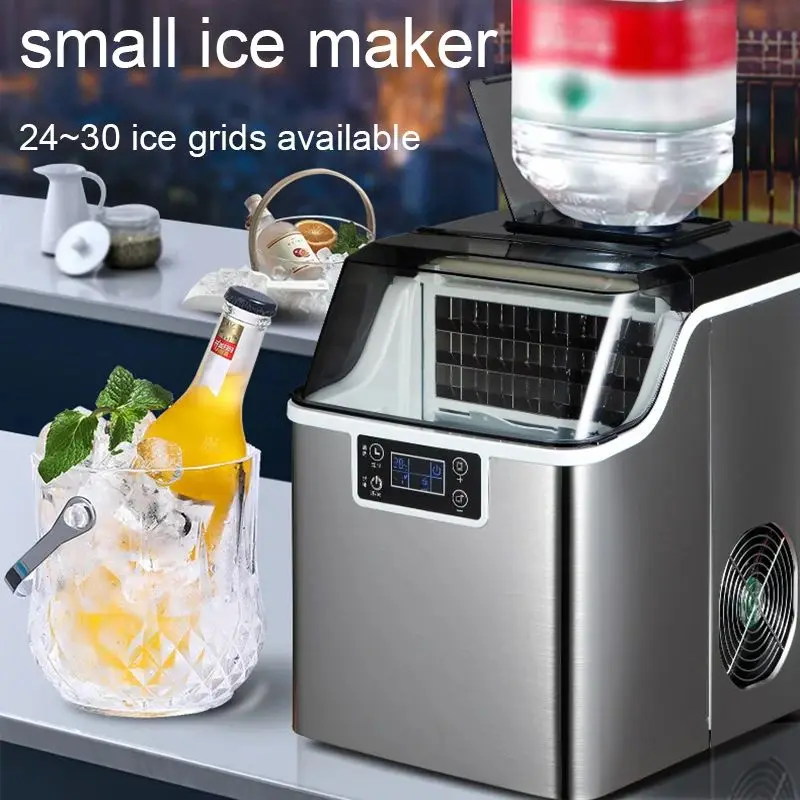 Commercial Electric Ice Maker Automatic Add Water Bullet Round Block Ice Cube Generator Machine 30/35KG/24H Milk Tea Coffee Shop