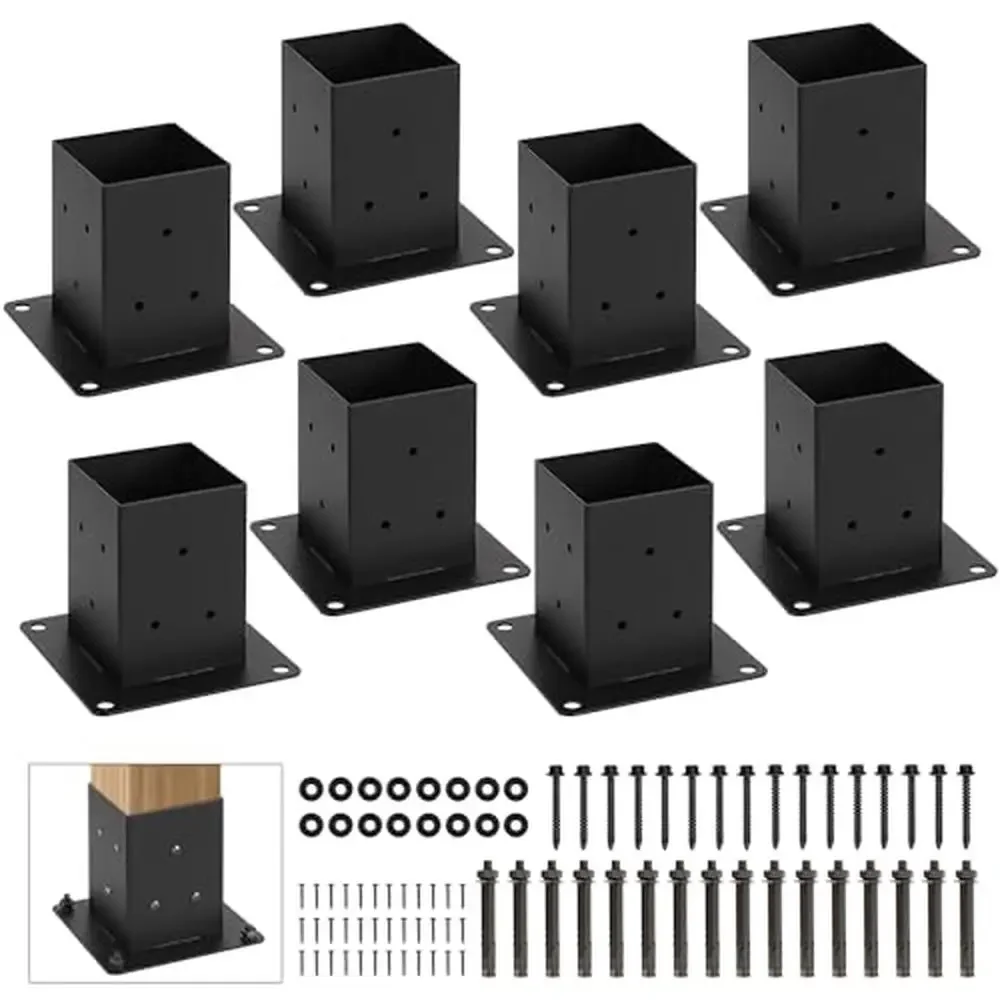 

Steel Post Base Black 8 Set Wood Deck Fence Mailbox Support 4x4 Inch Inner Size Anchor Twin Bolt Mechanism Easy Installation No