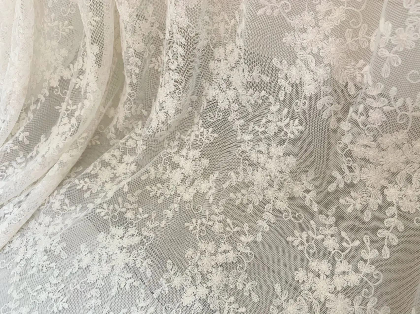 3 Yards Ivory Lace Fabric with Embroidery Soft Flower Tulle Mesh Gauze for Home Decor,Bridal Clothes