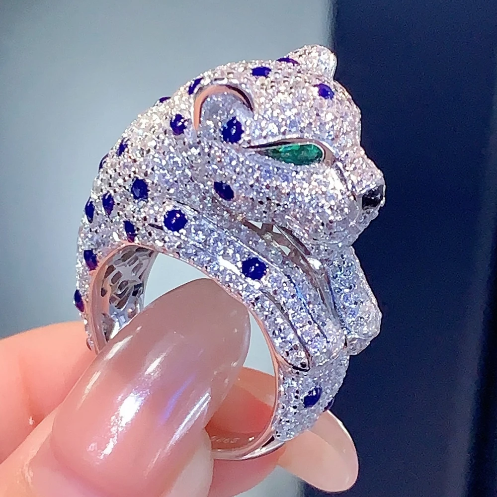 Luxury 925 Silver Rotating Head Blue Resin Emerald Green Eyes Panther Leopard Cocktail Rings Fine Jewelry For Women Anniversary