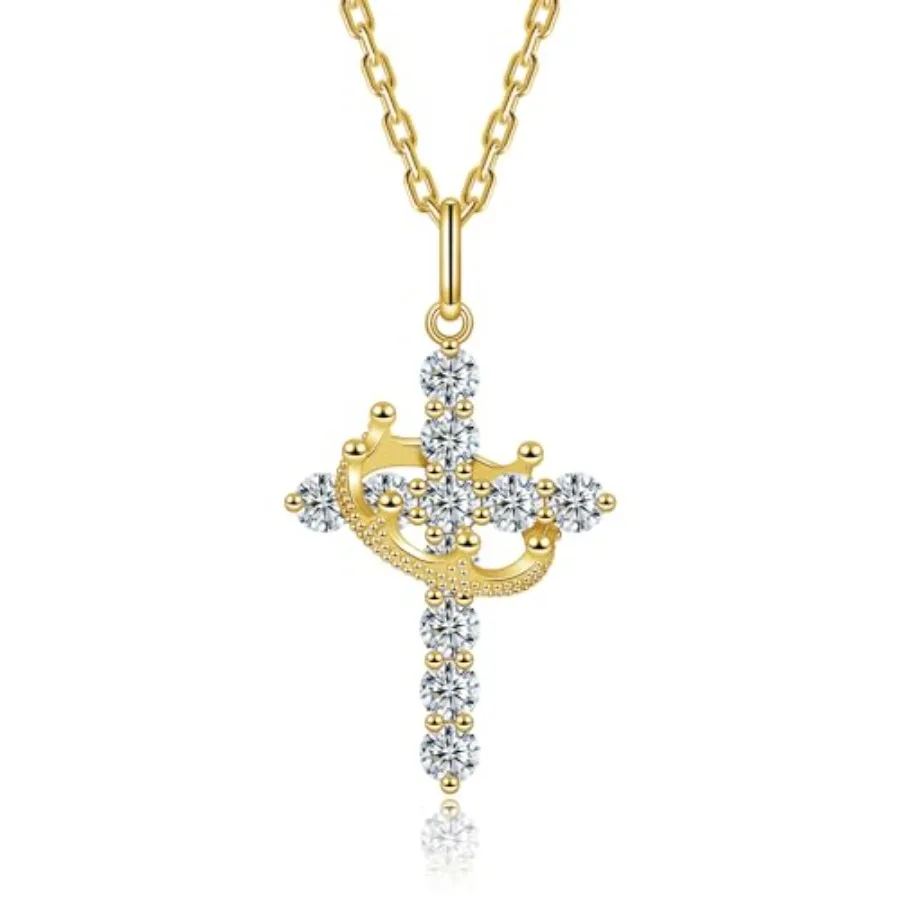 

Moissanite Cross Necklace with Crown for Women Sterling Pendant Christian Faith Chain Jewelry Gifts