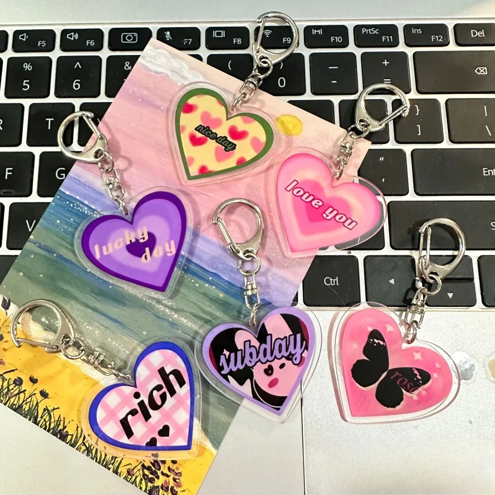 Sweet Cute Heart Shape Acrylic Keychain INS Style Letter Print Pendant Butterfly Checkered Pattern Backpack Charms Car Key Ring