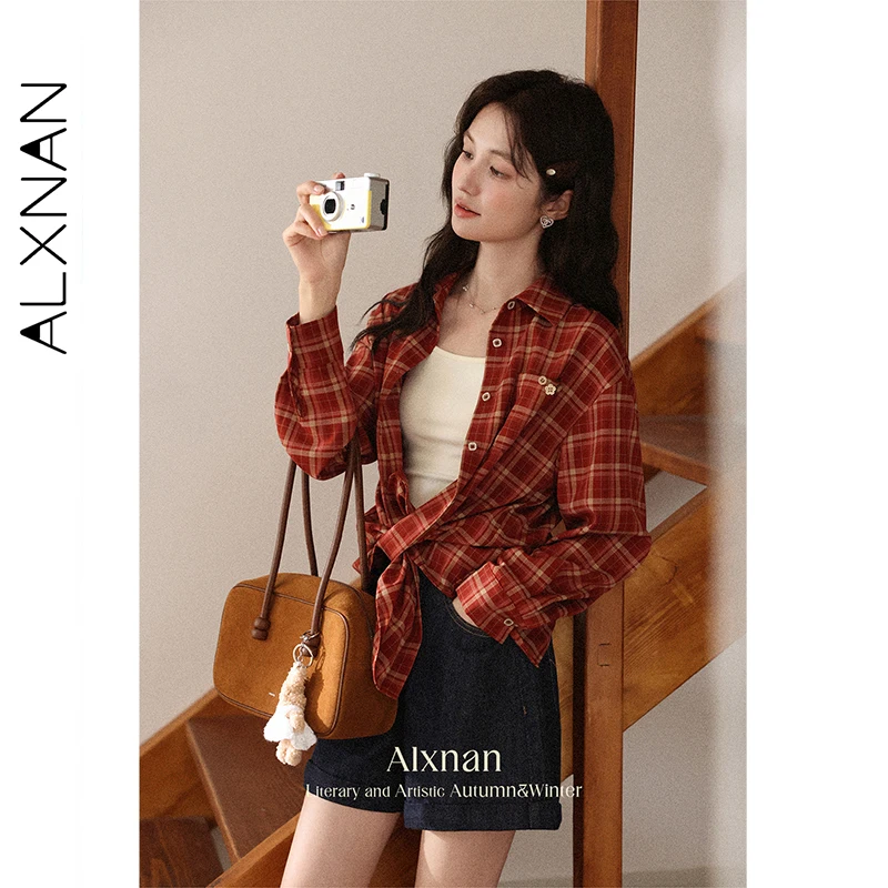 ALXNAN قميص منقوش خمر زهرة زر جيوب فضفاضة تناسب المرأة قمصان الخريف عادية تنوعا التنقل الإناث بلوزة L56836