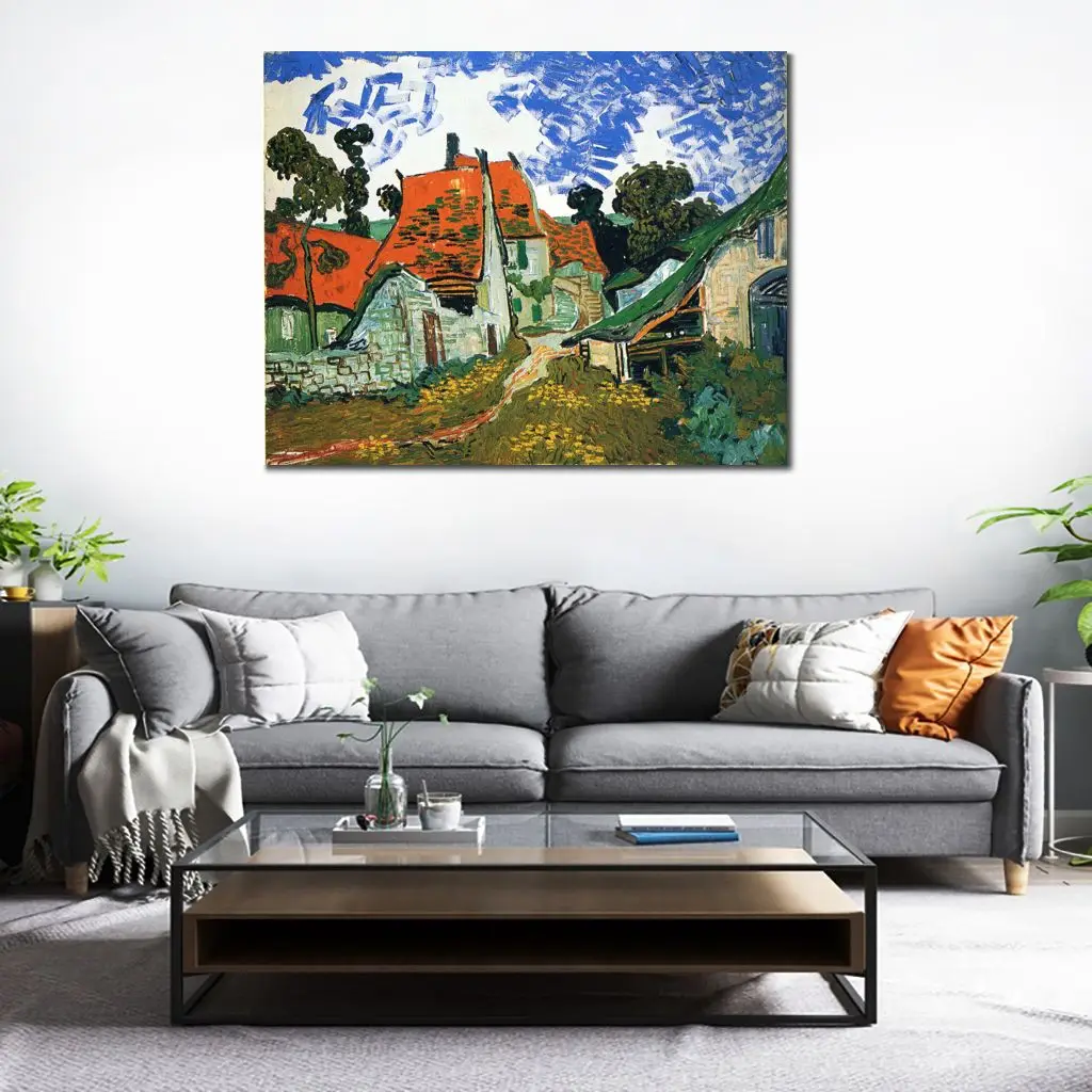 Cottages Landscape Canvas Art Contemporary Wall Decor Handmade Van Gogh Painting Houses with Thatched Village Artwork Quality