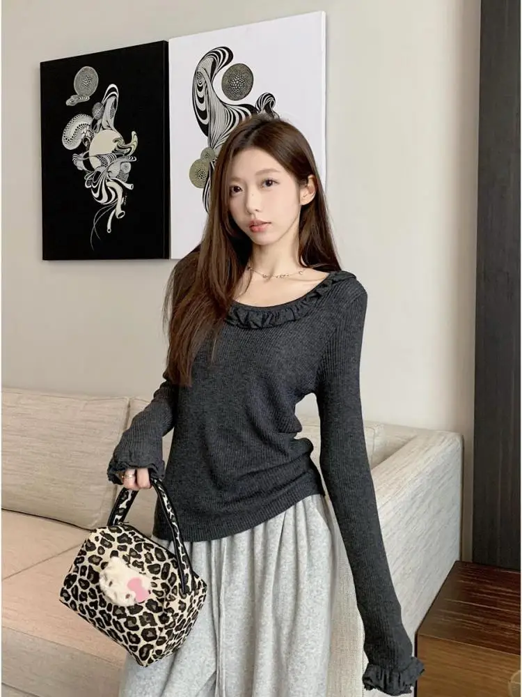 

Женский трикотажный свитер с оборками, однотонный пуловер с круглым вырезом и длинным рукавом, короткий топ для отпуска, на осень-зиму