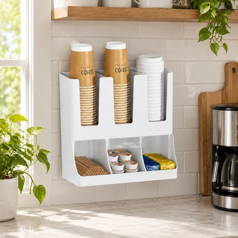 Multi-Compartment Coffee Organizer for Cups, Lids & Condiments - Vertical Storage Rack Ideal for Office, Kitchen, or Lounge