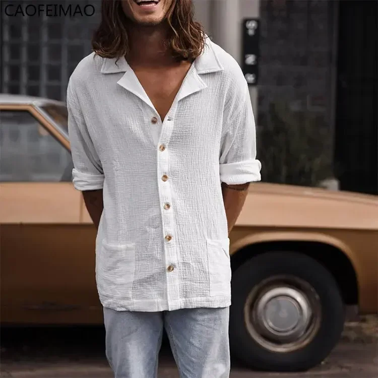 2025 Men's White Casual Tops T Shirt Man Blouse Long Sleeve Vintage Cotton Linen Shirt Men Loose Baggy Shirts Silk Chemise Homme